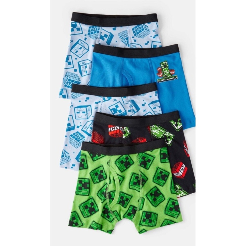 Boys 5-Pack Minecraft Print Boxer Brief Underwear - Blue/Green/Black Size 8 NEW